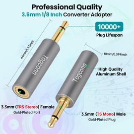 3.5mm Mono to Stereo Audio Adapter 2Pack,1/8" TS Mono (Male) Plug to TRS Stereo (Female) Jack Headphone Accessories Converter Connector Gold-Plated Plugs & (Aluminum Shell) for Headphone, Radio