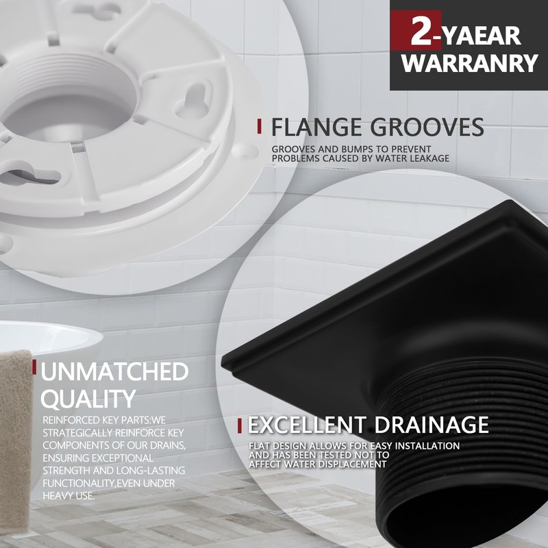 Uni-Green Matte Black 4 Inch Square Shower Drain with PVC