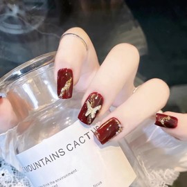 Nail Tip, Short, Medium, 24 Pieces, Nail Tip, False Claws, Red, Butterfly, Diamond, 3D Nail Seal, Skin Color, Popular, Japanese Style, Cute, Simple, Fashionable Party, Nail Tip, Autumn, Spring,