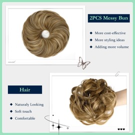 Qunlinta Messy Bun Hair Piece, 2 PCS Hair Buns Scrunchies Extensions Synthetic Fake Bun Chignon Updo Hairpieces for Women Girls Ash Blonde Mix Ginger Brown