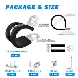 7/8 Inch Stainless Steel Adel and P Clamps, 26 Pcs Insulated Rubber Cushioned Cable Clamp for Hydraulic Hoses, Medium-Duty Pipes, Automotive Wiring and Farm Machinery Cables (10 pack 22mm)
