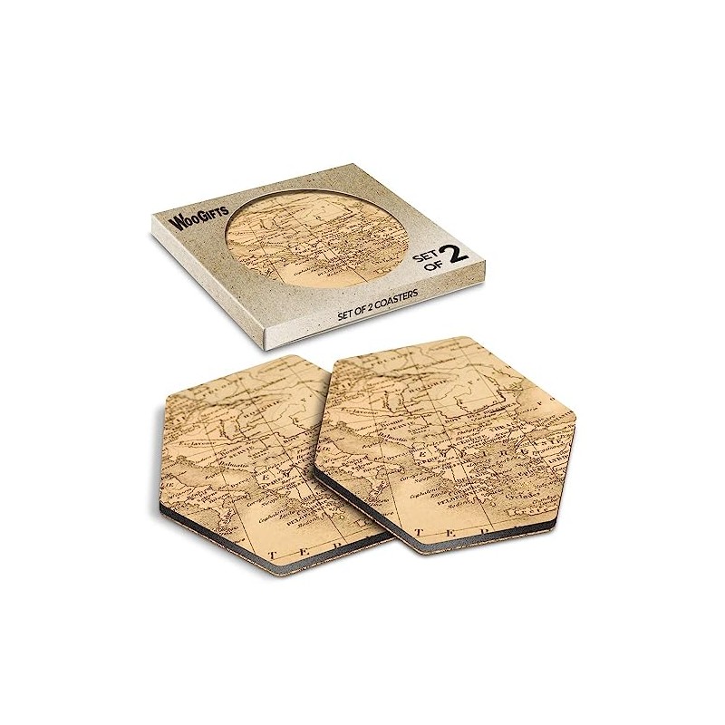 2 x Hexagon Coasters - Antique World Map Mediterranean Sea