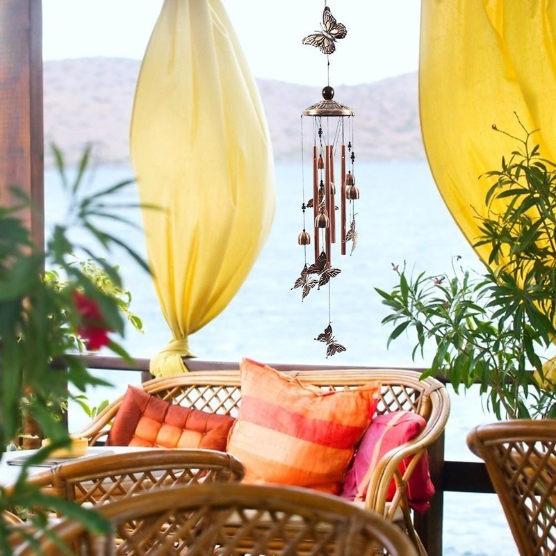 Butterfly Chimes Wrought Iron Wind Chimes with 4 Hollow Metal