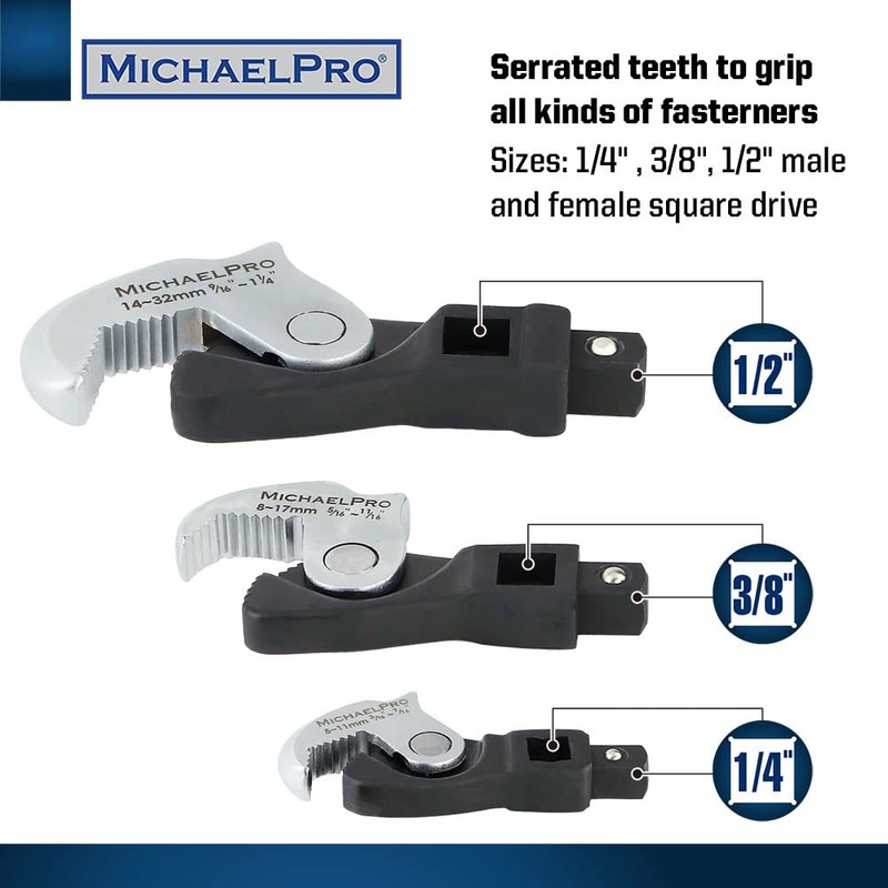 MichaelPro MichaelPro 3-Pc Spring-Loaded Auto Size Adjusting Crowfoot Wrench Set,