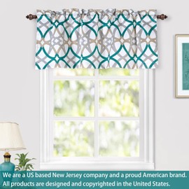 DriftAway Alexander Pattern Match Blackout Valances for Windows 250GSM Geometric Moroccan Mid Century Rod Pocket 52 Inch by 18 Inch Plus 2 Inch Header Teal 1 Pack