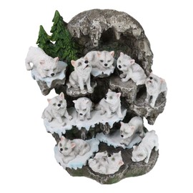Ebros Gift 12 Miniature Arctic Wolf Pups On Snow Capped Wolf Den Rocky Cave Lair with Pine Trees Display Stand Sculpture with LED Back Light Set