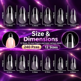 240 Piezas Tips para Uñas Soft Gel, Uñas Postizas Transparentes Forma Almendra, 12 Tamaños, Interior Semimate sin Limado Adicional, Cobertura Completa
