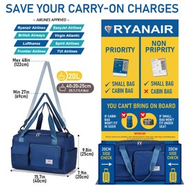 FIORETTO for Ryanair Airlines Cabin Bags 40x20x25 Underseat Travel Hand Luggage Carry on Bag Weekend Overnight Duffle Holdall Bag for Women and Men with Shoulder Strap Navy Blue