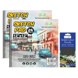 JMS we create smile - Professional Drawing Set | Sketch Pads and Water Colour Pencil Set | 12 Professional Pencils Set Artists. (2Pcs 12"X12" Sketchpad + Water Colour Pencil Set)