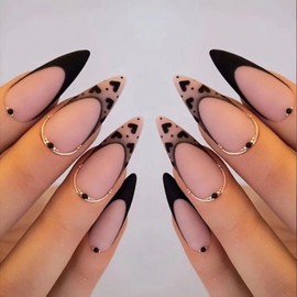 Valentine's Day French Tips Press on Nails Black Almond Glossy Full Cover Medium False Nails with Heart Designs Reusable Acrylic Heart Fake Nails with Glue Stick on Fingernails for Women Girls