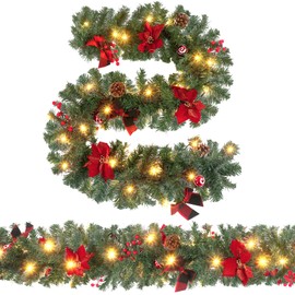 2 Pcs 6 ft Christmas Garland with Lights Christmas Prelit Artificial Garland with Pine Berries Decor Christmas Fireplace Decorations for Mantle Banister Indoor Outdoor (Flower)