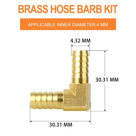 GASHER Pack of 2 Brass Hose Barb Reducer, 4 mm to 4 mm Hose ID 90 Degree L Right Angle Piece with 4 Hose Clamps, Brass Barb Reducer Splicer Fitting