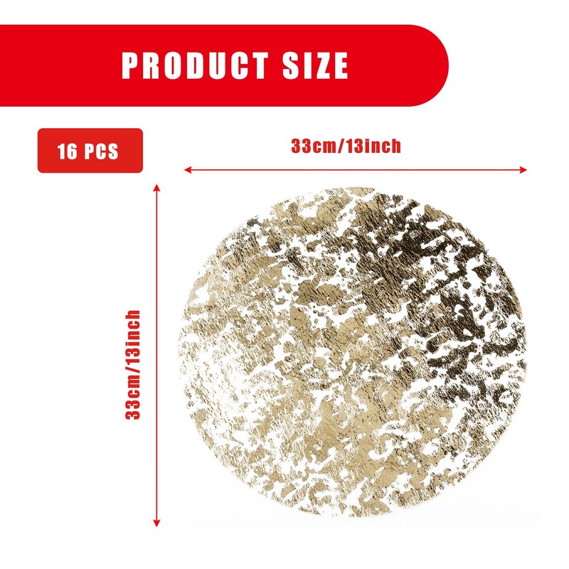 Bojueshaw 16PCS Disposable Gold Foil Placemats Round Metallic Mesh Table