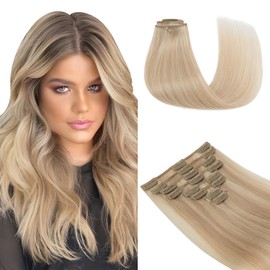 TESS Blonde Clip in Hair Extensions Real Human Hair, 10 Inch 50g Hair Extensions Clip in, 8 PCS Clip in Hair Extensions - (Light Blonde Highlighted Golden Blonde)
