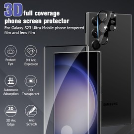 OuYteu 3 Pack Galaxy S22 Ultra Screen Protector, With 2Pack Camera Lens Protector Compatible fingerprint unlock 3D Full Coverage 9H Hardness Tempered Glass Protector For Galaxy S22 Ultra 6.8 Inch