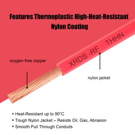 XRDS -RF 6 Gauge THHN Wire, 50FT Red Stranded Copper Electrical Wire, 600V, Heat & Oil Resistant, Nylon Sheath Building Wire for Indoor/Outdoor Use