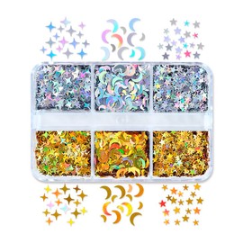 Nail Art Laser Gold Glitter Sequins Star Moon Manicure Sticker Silver Nail Decoration 6Grids