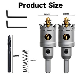 METOTY 2 x 28 mm hole saw metal, carbide hole saw, carbide drill, with an additional nitrided step guide drill and L-wrench, for steel, iron, aluminium, metal