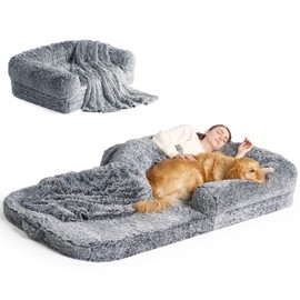 EHEYCIGA Foldable Human Dog Bed, Orthopedic Memory Foam Human Sized Dog Bed, Waterproof Pet Bed for People, Faux Fur Pet Couch for Adult, Grey, 72"x44"x11"