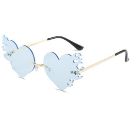 BAWUYI Gafas de sol de corazón sin montura con forma de llama de fuego irregular, de metal, sin marco, accesorios de fiesta de graduación para mujeres y hombres, Azul / Patchwork, M
