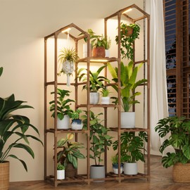 Bamworld Tall Plant Stand for Indoor Plants with Grow Lights Roof-Shaped Plant Sheves for Living Room Patio Garden Decor