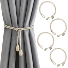 Curtain Tiebacks 4 Pcs Hand-Knitted Curtain Tie Backs Elegant Bohemian Style Curtain Rope Adjustable Curtain Rope Buckle for Home, Office, Living Room, Bedroom, Balconies, Studies-(Beige)