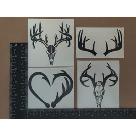 Antler Wildlife Decal 4 Pack: Deer Buck Antlers Skull, Antler Hook Heart (Black, Small ~3.5")