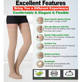 MGANG Medical 20-30 mmHg Compression Stockings for Women & Men, Pair, Closed Toe, Opaque, Thigh Length Hose, Dot Top, Graduated Support for Varicose Veins, Edema, DVT, Swelling, Flight, Beige M