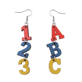 Colorful Three section Crayon Wooden Earrings, Stackable Books Dangle Drop Earrings, Love Heart Book Number Letter Pendant Wooden Earrings for Women Girls, Back To School Jewelry Teacher Appreciation Gift, No Gemstone