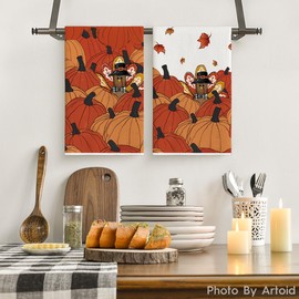 Artoid Mode Orange Pumpkin Turkey Thanksgiving Kitchen Towels Dish Towels, 18x26 Inch Farmhouse Holiday Decoration Cleaning Set of 2
