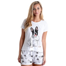 FUR OF LOVE French Bulldog white and black, frenchie Bull dog lover, gift, Pjs Dog Pajama Set (top & Bottom) with shorts for Women, Color White (S)