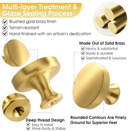 GRANTENOV Solid Brass Cabinet Knobs 1-3/8 inch (35 mm) Diameter Round Gold Dresser Drawer Knobs Kitchen Hardware Brushed Brass Finish Pulls Handles 5 Pack