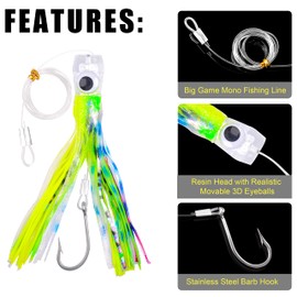 Fishing Trolling Lures Saltwater Trolling Skirted Lures Offshore Big Game Fishing Lures for Tuna Mahi Marlin Dolphin Wahoo Deep Sea Fishing Lures Octopus Squid Skirts Rigged Hooks 8.8inch
