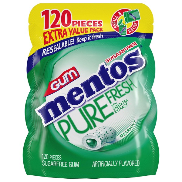 Mentos Pure Fresh Sugar-Free Chewing Gum with Xylitol, Spearmint, 120 Piece Bulk Resealable Bag (Pack of 1)