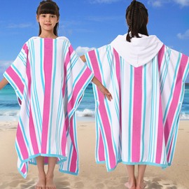 VOOVA & MOVAS Hooded Bath Towels for Big Kids (8-16Years), 100% Cotton Absorbent Thick Poncho Towel for Teens, Perfect for Pool, Beach, Bath, Pink Blue White Stripe
