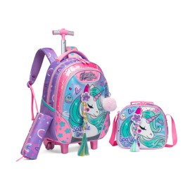 Inprof Rolling Backpack Kids Backpacks with Wheels for Girls 3PCS School Back Pack with Lunch Box Bookbag Age 8-10 Book Bag Preschool Kid Kindergarten Colorful Unicorn