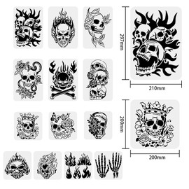 BENECREAT 13PCS Skull Pattern Drawing Stencils, Skull Flame Scary Skeleton Template for Scrabooking Card Making, Wall Floor Art, Festival Decoration