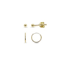 2 Pairs Gold Flash Sterling Silver 10mm Endless Hoops and 2mm Ball Bead Stud Earrings Set for Cartilage Men Women
