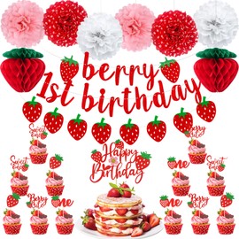 MEIWUTIE Berry First Birthday Decor,23 Pcs Strawberry First Birthday Decorations Contains Banners, Paper Pom Poms for Baby Shower and Strawberry Party Decorations