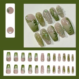 LBPEPAMZ 24Pcs Green Press on Nails Medium Square Fake Nails with Pearl Rhinestones Designs 3D Flower Water Drops Full Cover False Nails White Green Gradient French Tips Stick on Nails for Women Girls