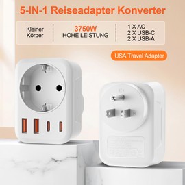 2 Pack USA Adapter Socket, 5-in-1 Adapter USA Germany Plug with 1 AC 2 USB-C 2 USB-A (3.4 A), 3750 W Travel Adapter USA Adapter, EU to US Adapter for America Canada Thailand Mexico (White/Type B)