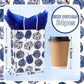 AnyDesign 24Pcs Fall Porcelain Pumpkin Paper Gift Bags with Tissue Paper Vintage Blue Chinoiserie Floral Pumpkin Treat Goodie Bag with Handles for Autumn Thanksgiving Party