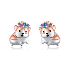 CUPENDA Guinea Pig Earrings Sterling Silver Guinea Pig Stud Earrings Colourful Cubic Zirconia Animal Jewellery for Women, Sterling Silver, No Gemstone
