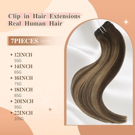FUBILI Clip in Hair Extensions Balayage Chocolate Brown to Caramel Blonde 7pcs 85g 18inch Remy Human Hair Extensions Ombre Real Hair Extensions Double Weft Straight Thick