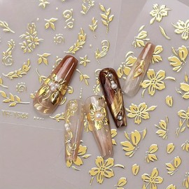 6Pcs Gold Nail Art Stickers 3D Metallic Floral Leaf Nails Decals Gold Cherry Blossom Flower Nail Stickers Butterfly Nails Art Design Supplies for Women Girl Spring DIY Manicure Decoration Accessories