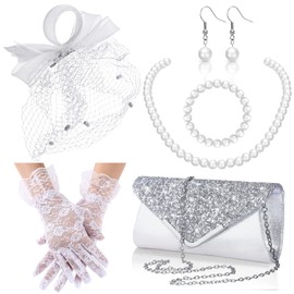Estune 6 Pcs Tea Party Hat and Gloves Set for Women White Fascinator Hats Lace Gloves Pearl Jewelry Set Silver Clutch Purses for Evening Wedding Cocktail 1920s Costume Accessories Christmas Jewelry