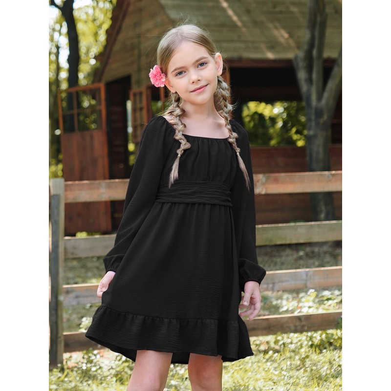 Batermoon Girls Long Sleeve Tie Back Dress Kids Fall Square