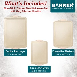 BAKKEN Kitchen Baking Pans - Medium (15.15 × 10.03") and Large (17.1 x 11.8") Nonstick Sheets, Carbon Steel Cookie Sheets with White Silicone Handle, PFOA, PFOS, PTFE Free, Oven Safe (450°F), Set of 2
