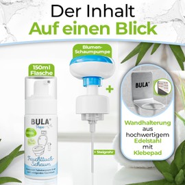 BULA® Popo Home Bundle | Feuchttuch-Schaum 150ml Flasche + Blumen-Schaumpumpe inkl. Edelstahl Halter | Popo Schaum als nachhaltige Alternative für (Baby u. Toiletten-) Feuchttücher | BULA Starterset