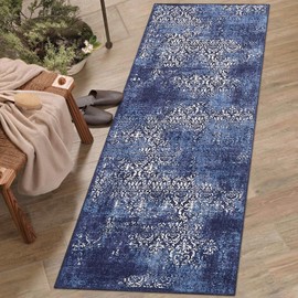 ROYHOME Washable Runner Rug 2x6 Boho Distressed Floor Cover Non-Slip Hallway Runner Stain Resistant Kitchen Mat Paisley Indoor Low-Pile Entryway Carpet Rug for Living Room Bedroom Nursery, Blue